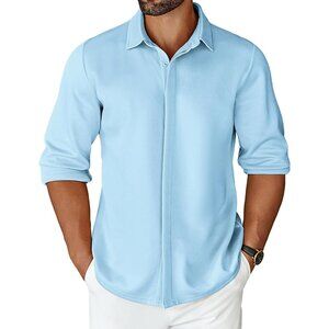 Mens Blue Long Sleeve Wrinkle Free Shirt Casual Button Down Shirt Dress